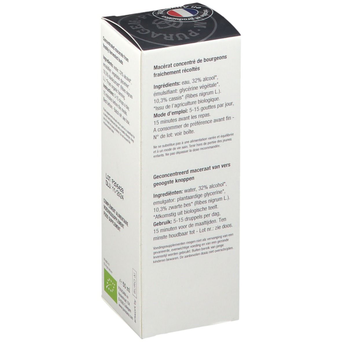 Boîte blanche avec informations produit. Logo et texte 'purasana' sur le dessus.