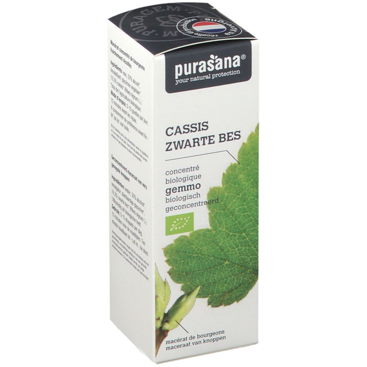 Flacon en verre brun avec bouchon blanc et étiquette. Informations produit et logo 'purasana' sur l'étiquette.