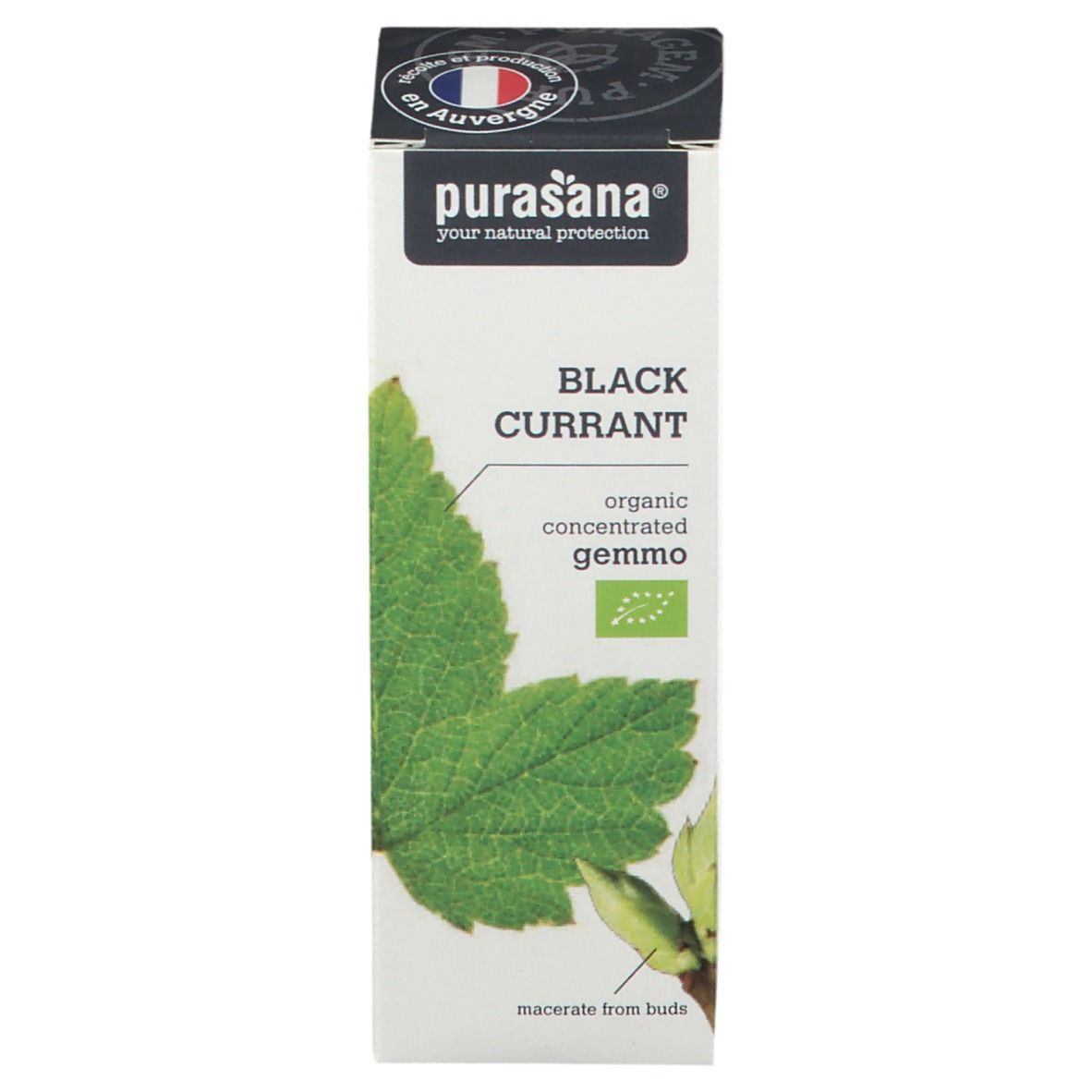 Flacon en verre brun avec bouchon blanc et étiquette. Informations produit et logo 'purasana' sur l'étiquette.