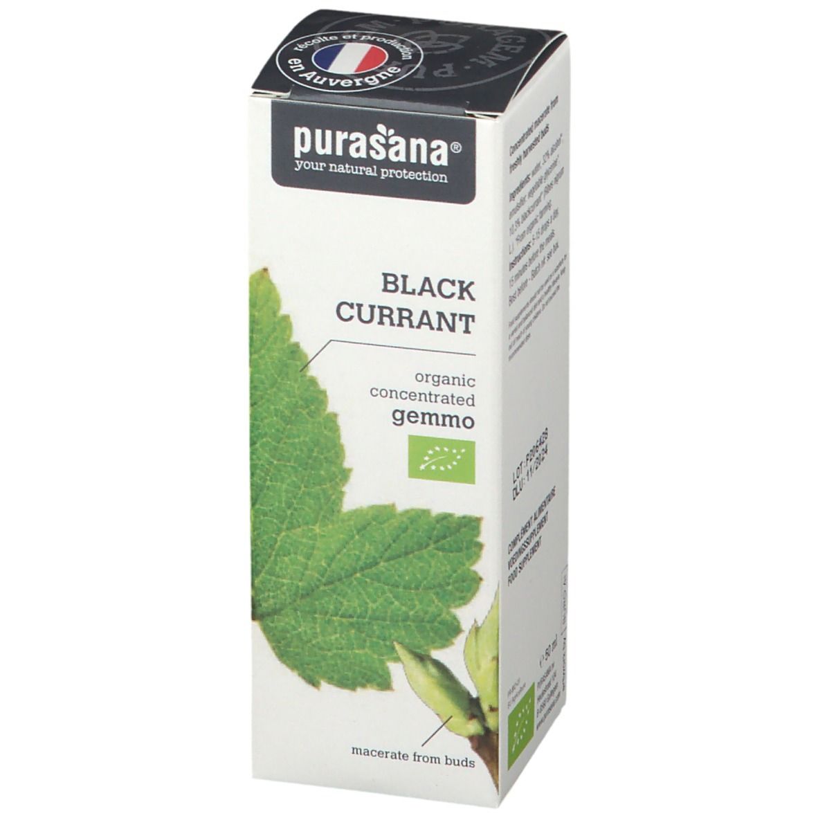 Flacon en verre brun avec bouchon blanc et étiquette. Informations produit et logo 'purasana' sur l'étiquette.
