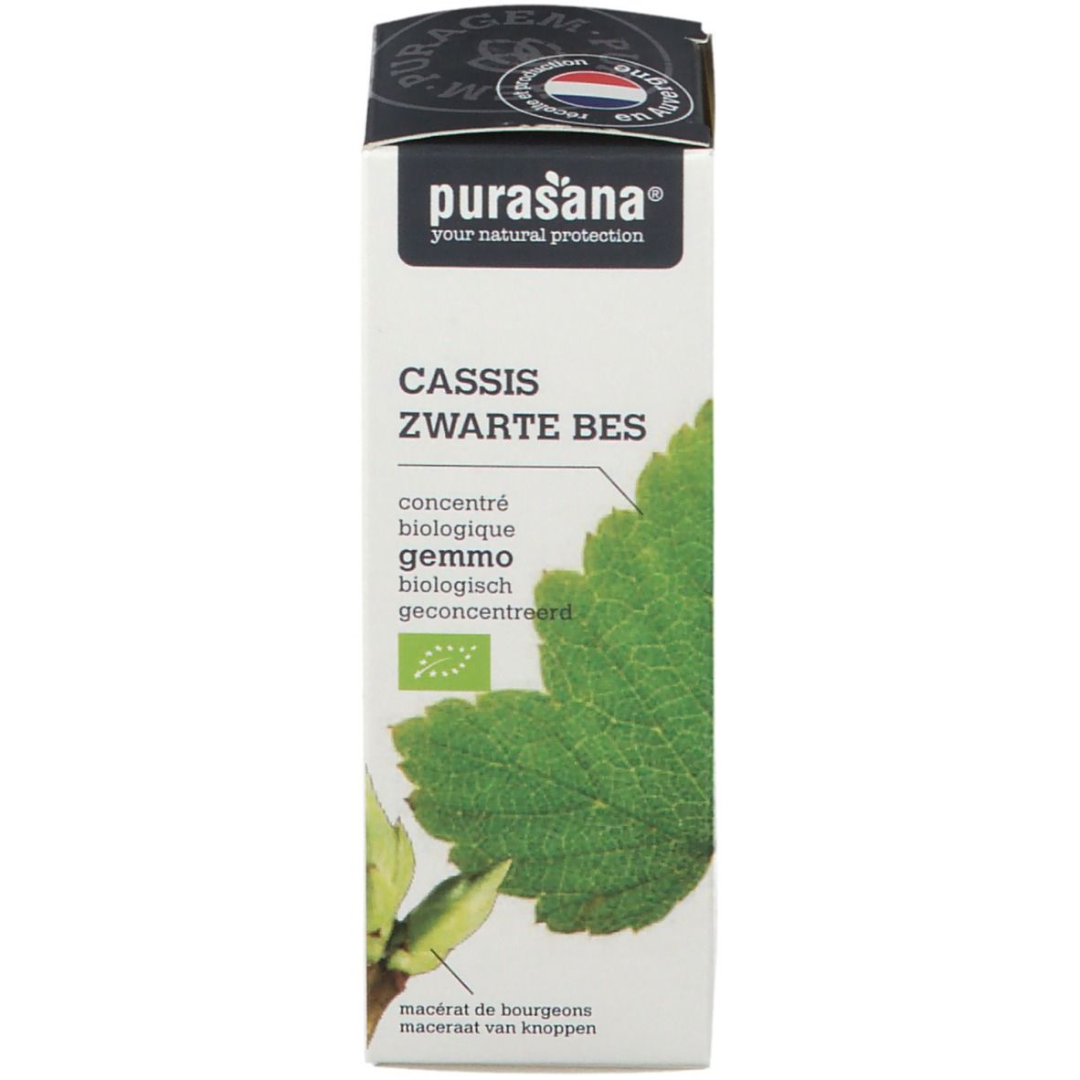 Boîte blanche avec informations produit et feuille. Logo et texte 'purasana' sur le dessus.