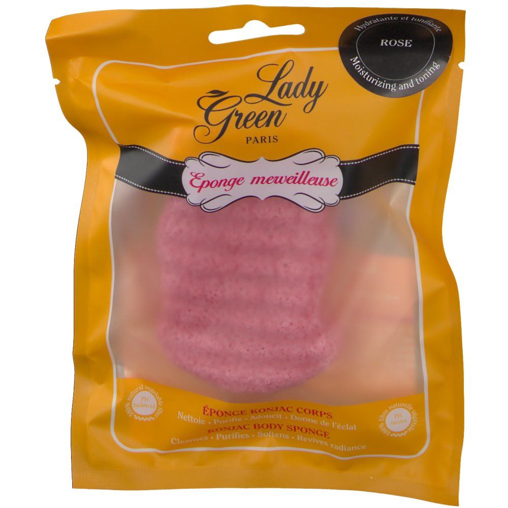 Éponge Konjac rose dans un emballage jaune. Inscription: Lady Green Paris, Eponge merveilleuse. Avec étiquette Rose.