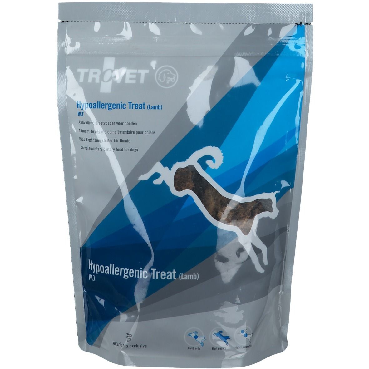 Sachet "Hypoallergenic Treat (Lamb)". Graphique bleu et blanc avec chien. Texte: "TROVET", "HLT".