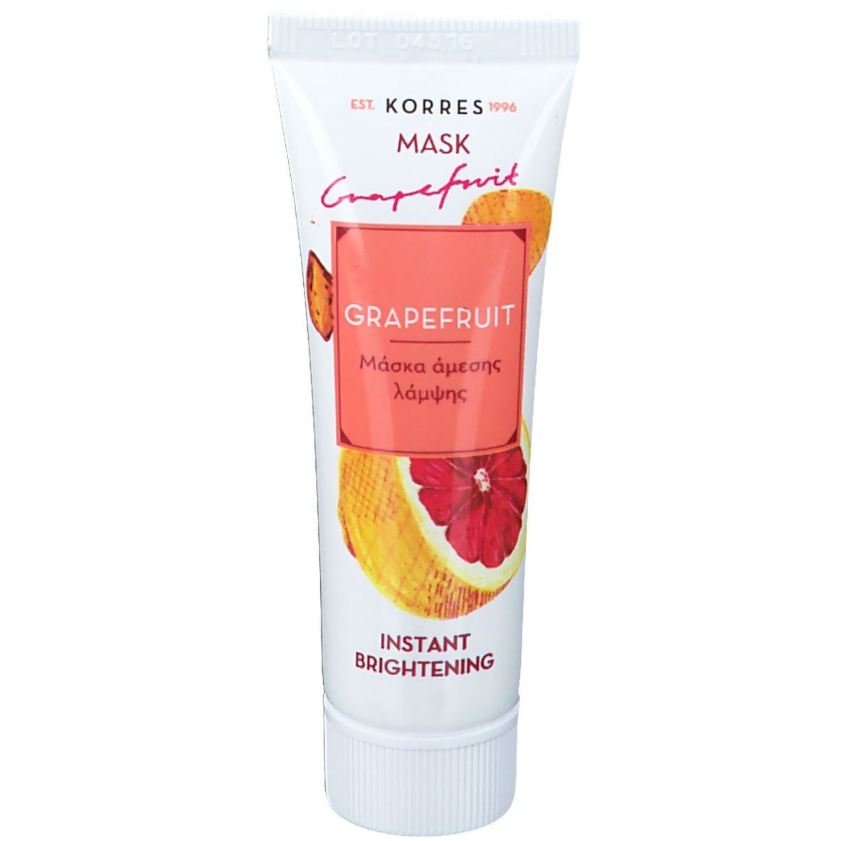 Tube blanc KORRES, masque, pamplemousse. Illustration de pamplemousse. Texte : Instant Brightening.