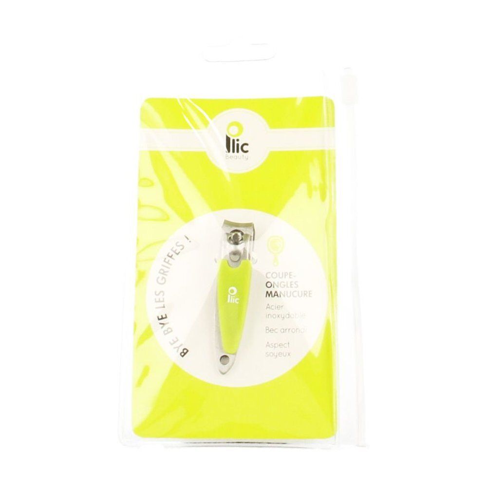 Coupe-ongles vert citron, emballé. Marque "Ilic". Inscription : Coupe Ongles Manucure.
