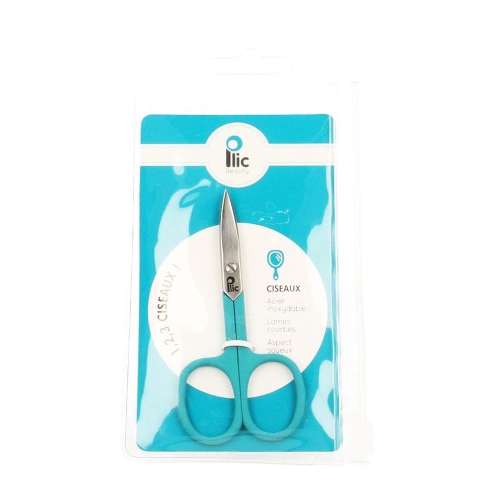 Ciseaux à ongles turquoise dans un emballage blister. Lames en acier inoxydable, manche avec logo. Inscription : Ciseaux.