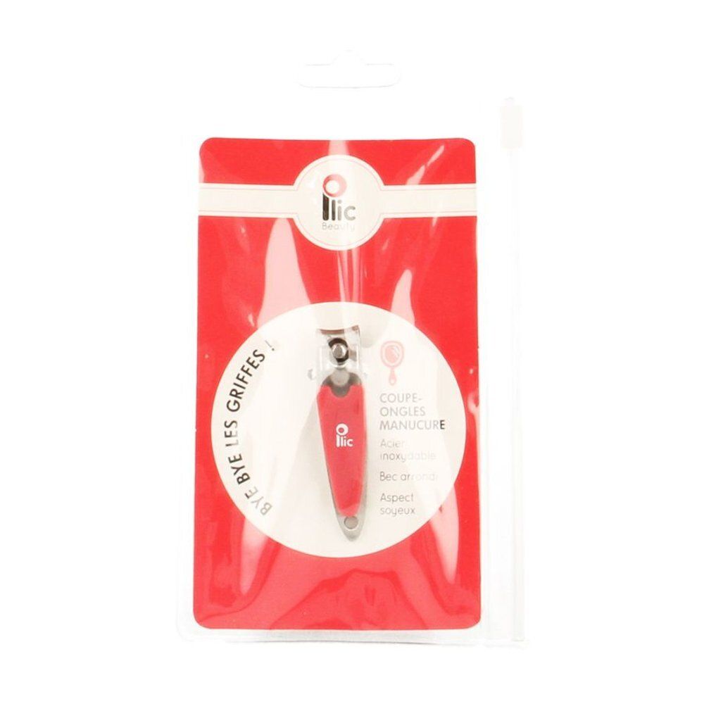 Coupe-ongles dans un emballage rouge. Le coupe-ongles est rouge et argenté. L'emballage porte la mention "Bye Bye les griffes".