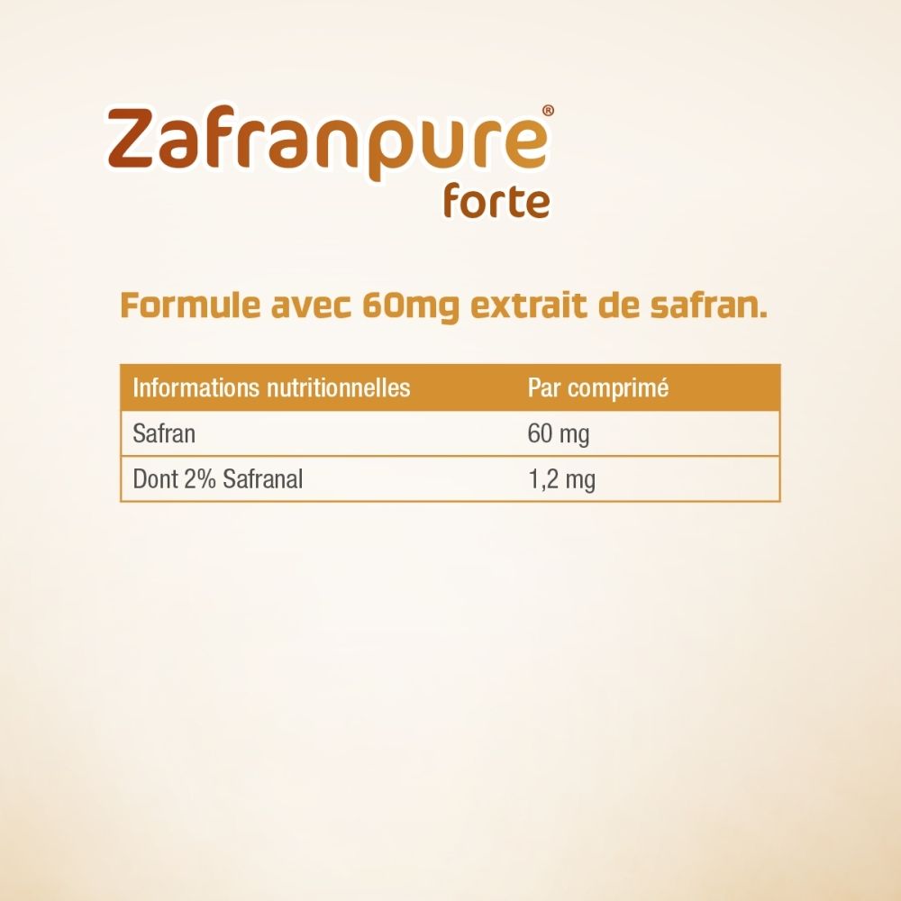 Emballage de Zafranforte avec 60 comprimés.