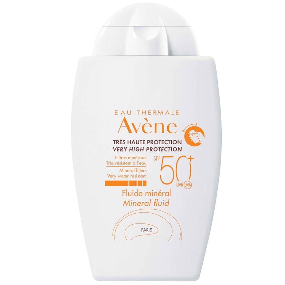Flacon blanc avec bouchon rabattable. Inscription: Eau Thermale Avène, Fluide minéral SPF 50+.