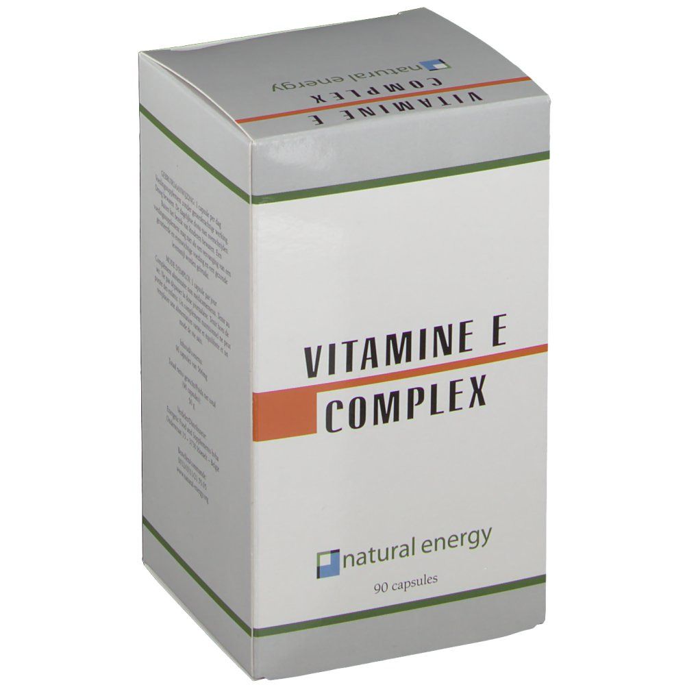 Boîte "VITAMINE E COMPLEX". Logo "natural energy" et "90 capsules". Vue en biais. Ligne horizontale orange.