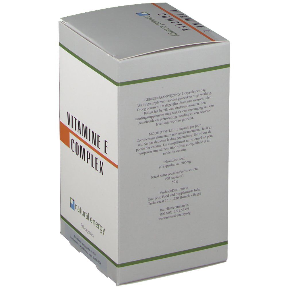 Dos de la boîte "VITAMINE E COMPLEX". Texte avec instructions d'utilisation. Logo "natural energy".