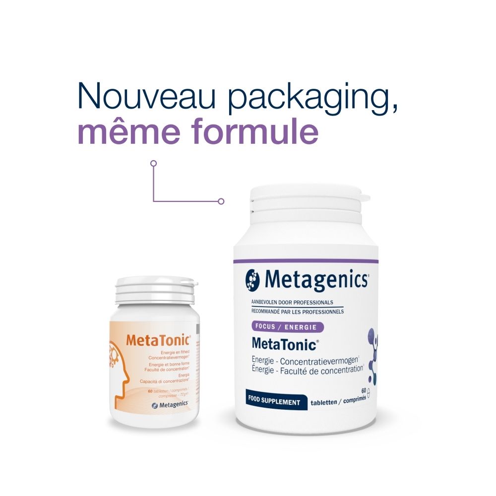 Deux flacons MetaTonic. Un petit et un grand. Texte : Nouveau packaging, même formule.
