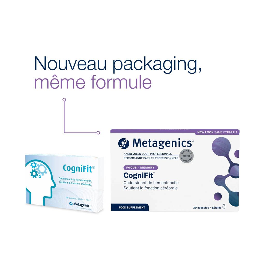 Deux boîtes "CogniFit" côte à côte. Une avec silhouette de tête, l'autre avec design violet. Marque: Metagenics.