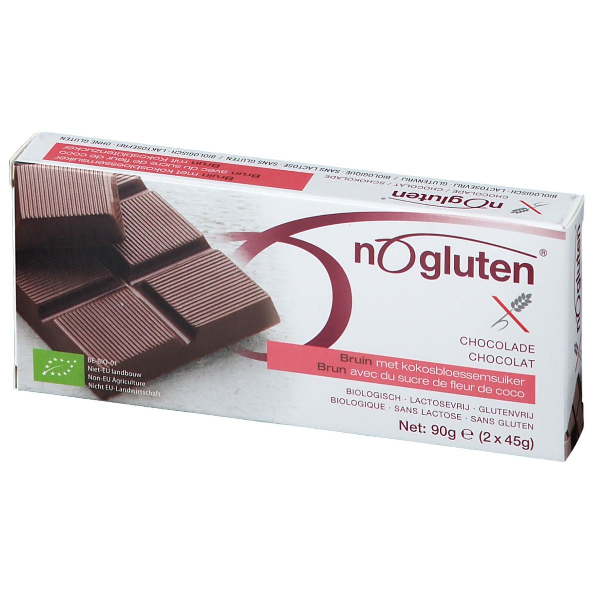 Tablette de chocolat dans son emballage. Chocolat brun avec morceaux visibles. Inscription : nOgluten, chocolat.