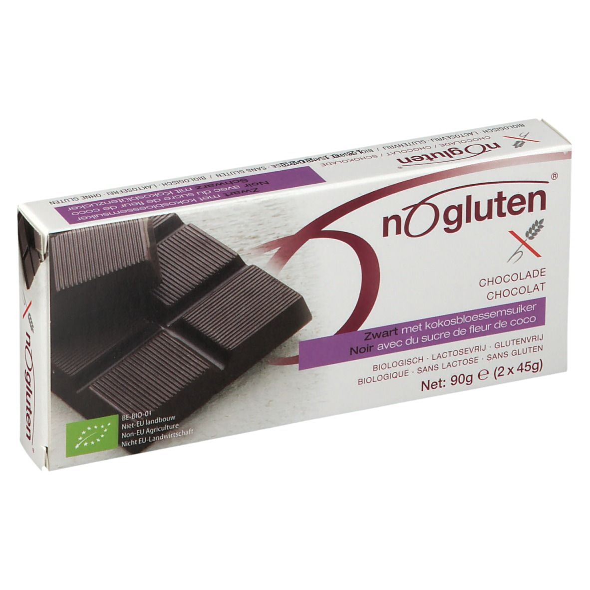 Chocolat noir nOgluten, emballage. Sans gluten, sans lactose. 90g. Avec sucre de fleur de coco.