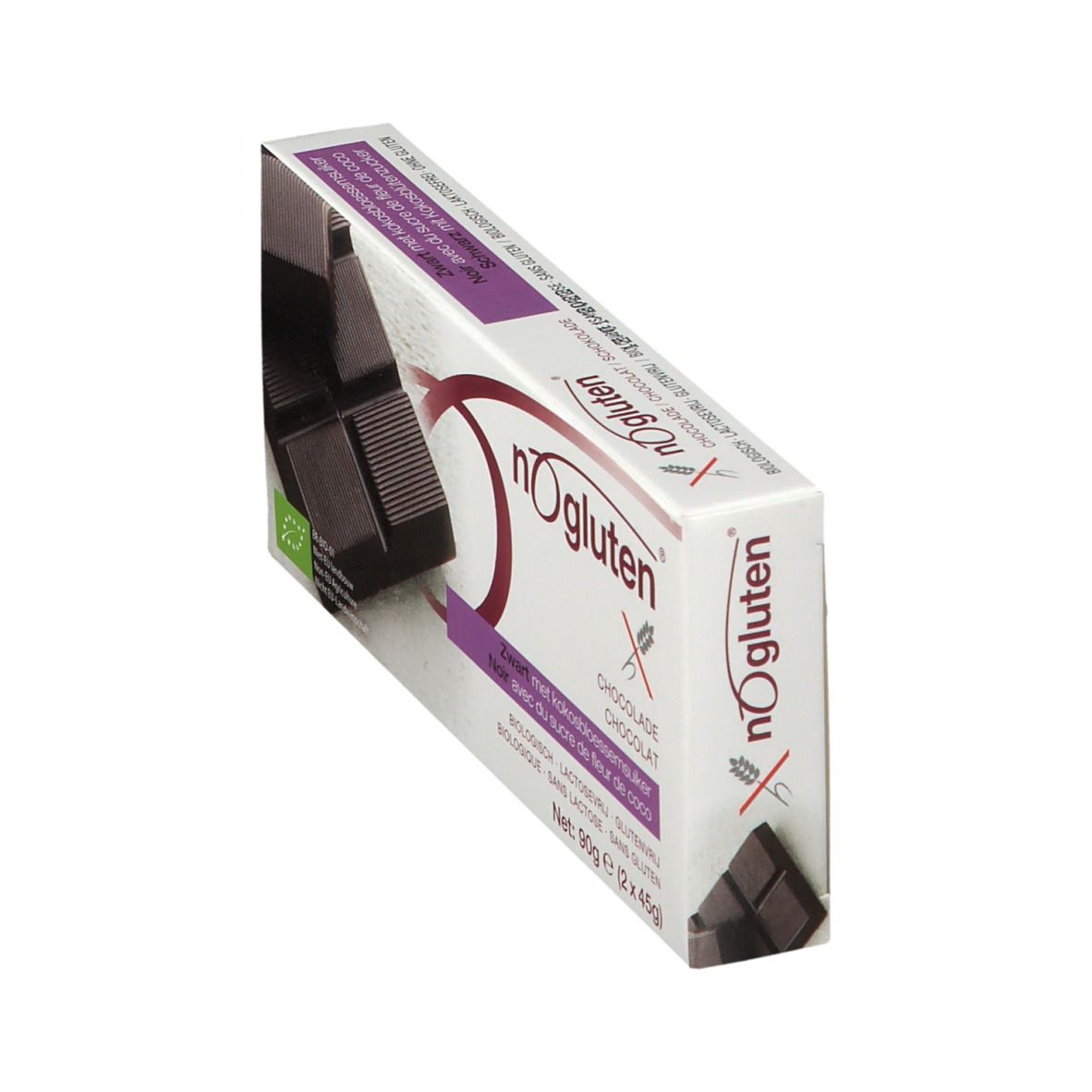 Emballage de chocolat nOgluten en biais. Chocolat noir visible. Sans gluten, sans lactose. 90g.