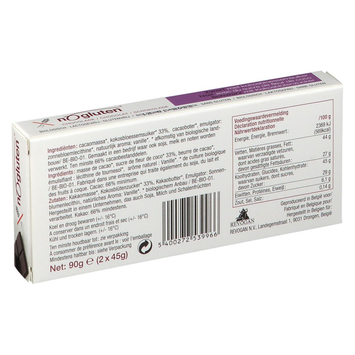 Dos de l'emballage de chocolat nOgluten. Liste des ingrédients et informations nutritionnelles. 90g.