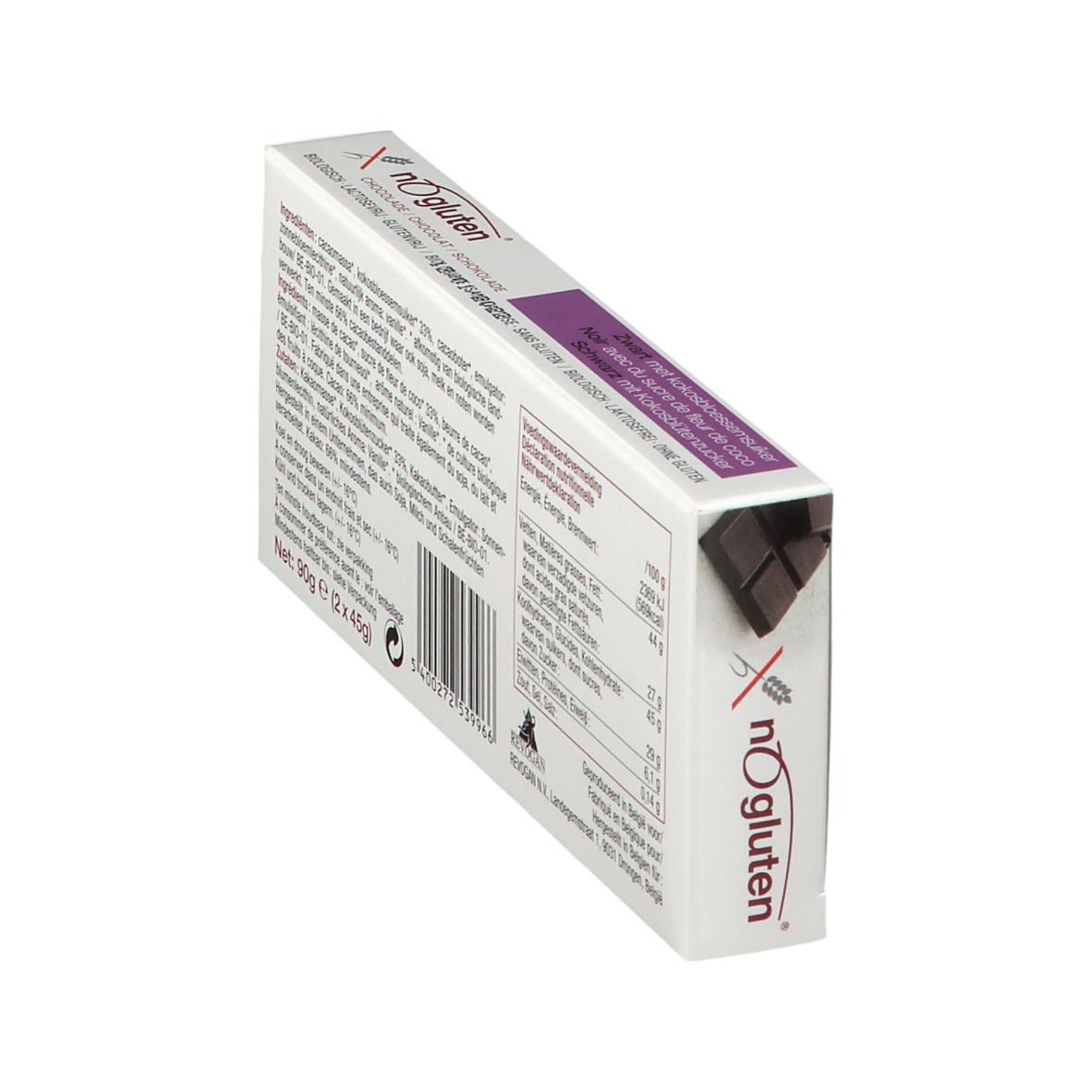Emballage de chocolat nOgluten en biais. Liste des ingrédients et informations nutritionnelles. 90g.