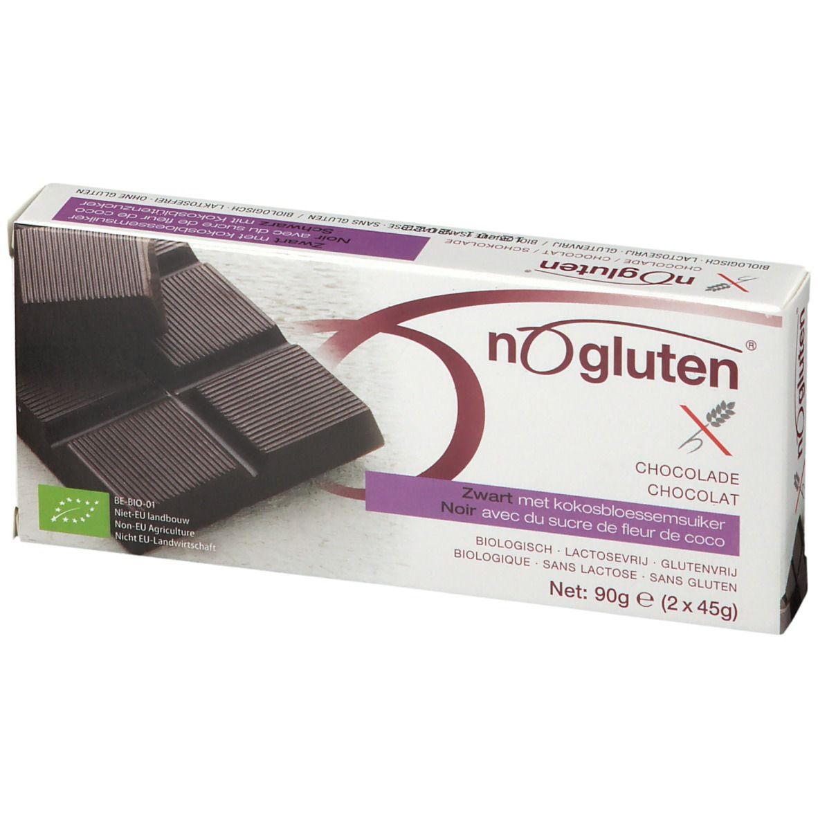 Chocolat noir nOgluten, emballage. Sans gluten, sans lactose. 90g. Avec sucre de fleur de coco.