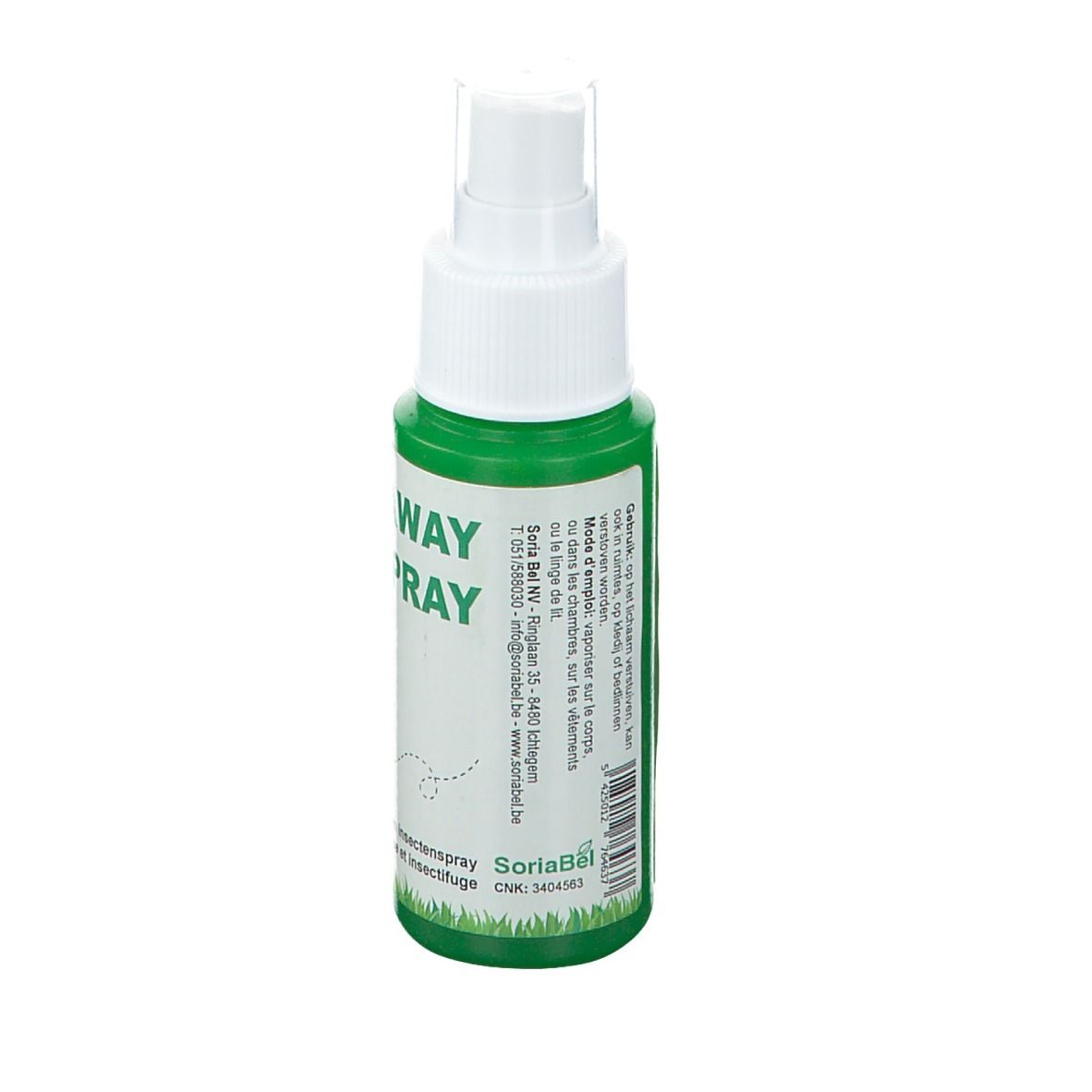 Flacon spray vert avec tête blanche. Dos avec texte. Informations fabricant et coordonnées. Texte: SoriaBel NV.
