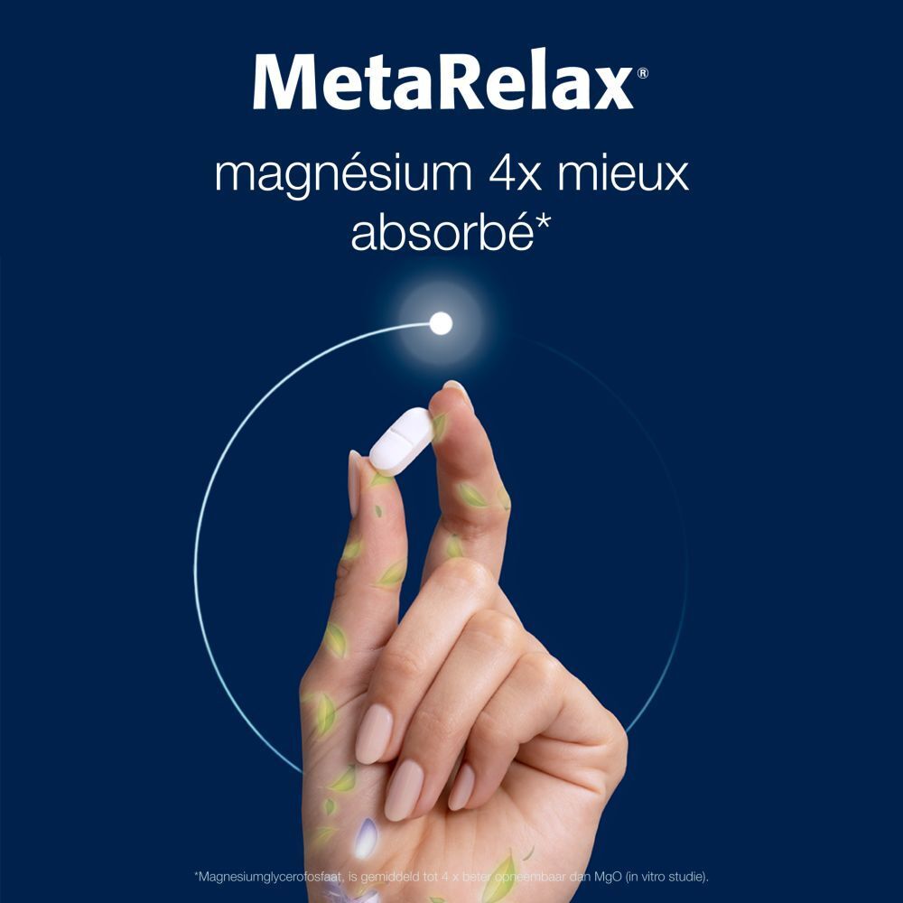 Gélule MetaRelax® dans la main. Texte : Magnésium 4x mieux absorbé.