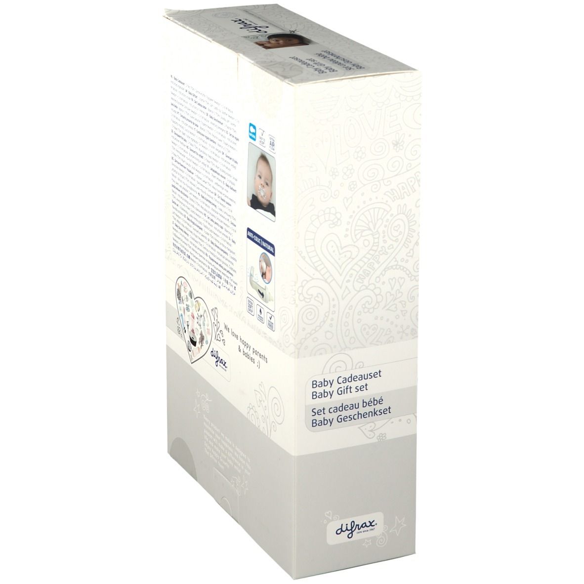 Vue latérale du coffret cadeau. Texte et logo. Marque difrax®.