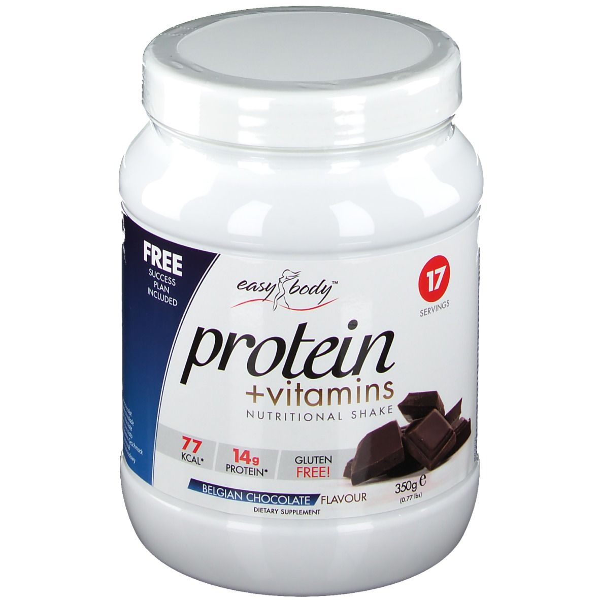 Pot blanc avec couvercle. Inscription : Protéines + vitamines, 17 portions, 77 kcal, 14g protéines, sans gluten. Chocolat belge.