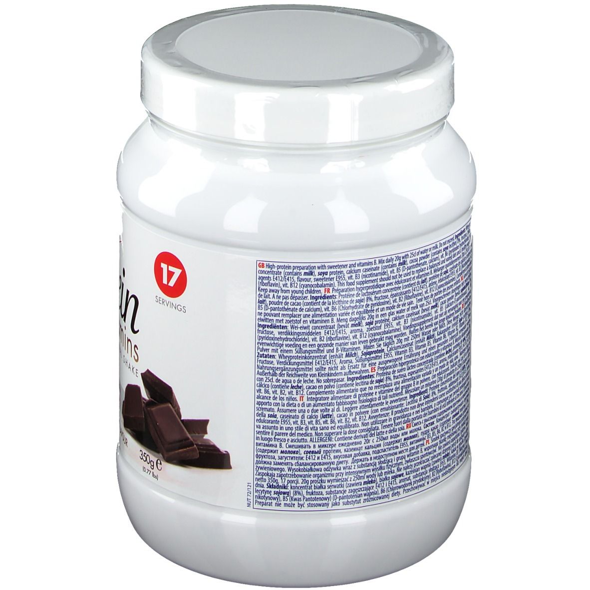 Pot blanc avec couvercle. Dos avec texte multilingue. Image de morceaux de chocolat. 17 portions.