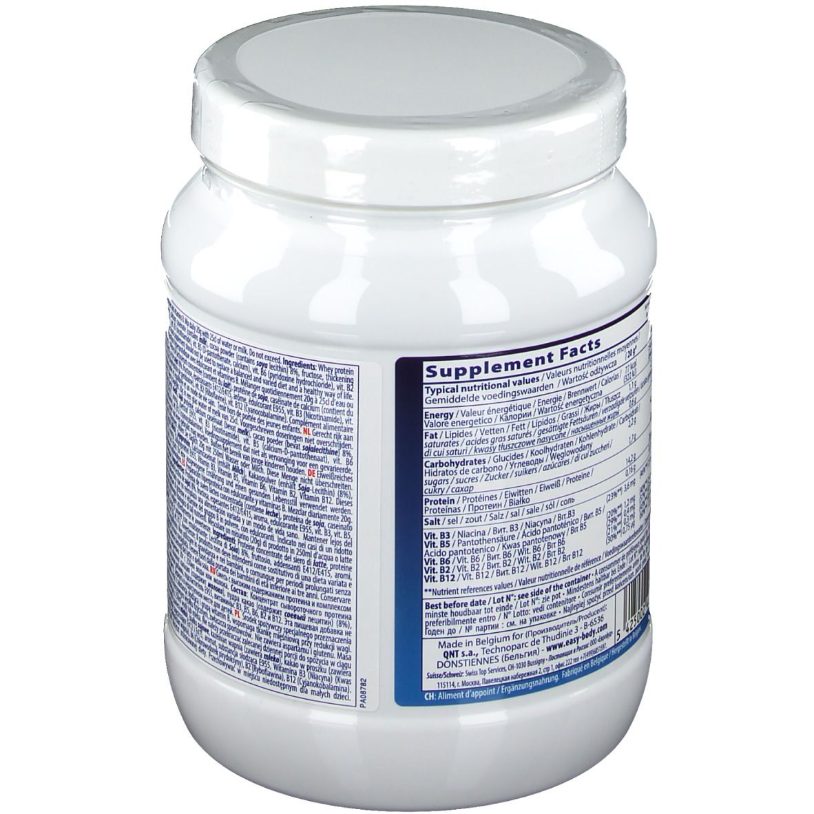 Pot blanc avec couvercle. Dos avec informations nutritionnelles multilingues. Texte : Supplement Facts.