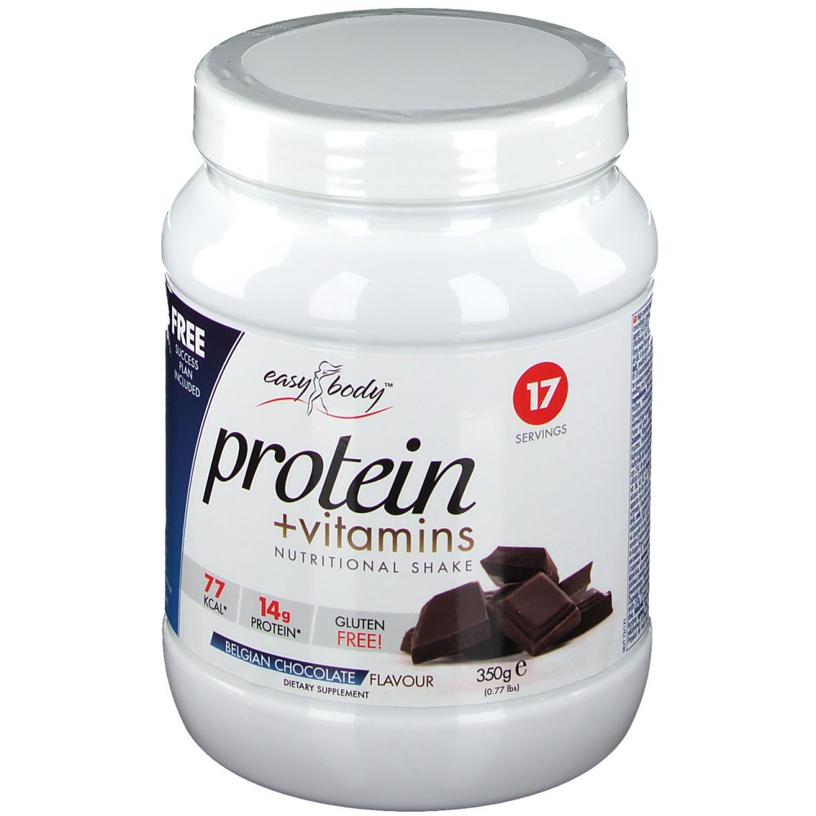 Pot blanc avec couvercle. Inscription : Protéines + vitamines, 17 portions, 77 kcal, 14g protéines, sans gluten. Chocolat belge.