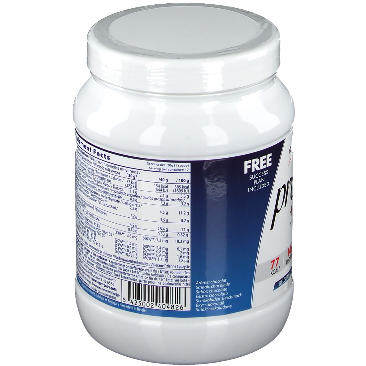 Pot blanc avec couvercle. Dos avec informations nutritionnelles et texte multilingue. Texte : Supplement Facts.