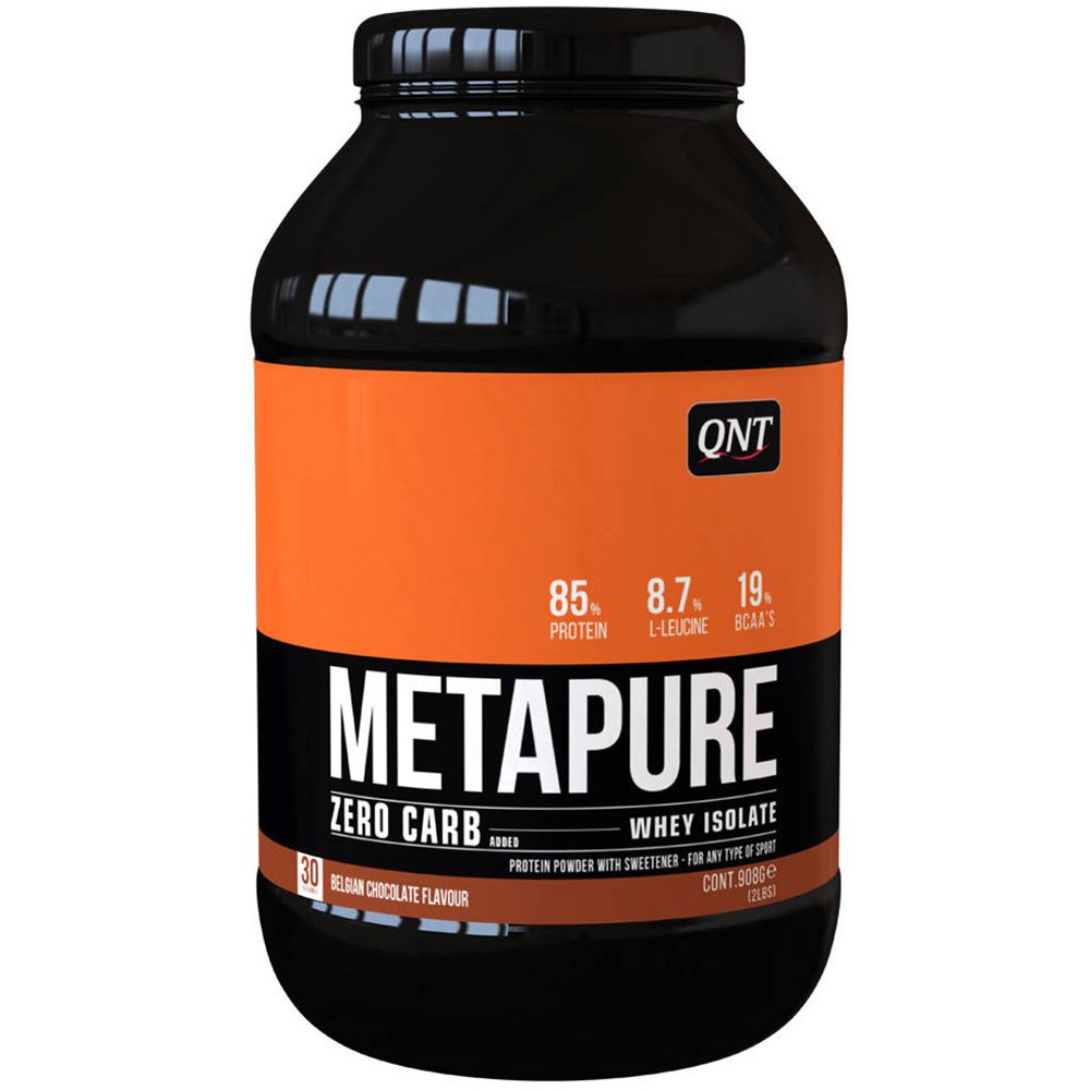 Pot noir avec étiquette orange. Inscription : METAPURE Zero Carb, Whey Isolate. Saveur chocolat belge.
