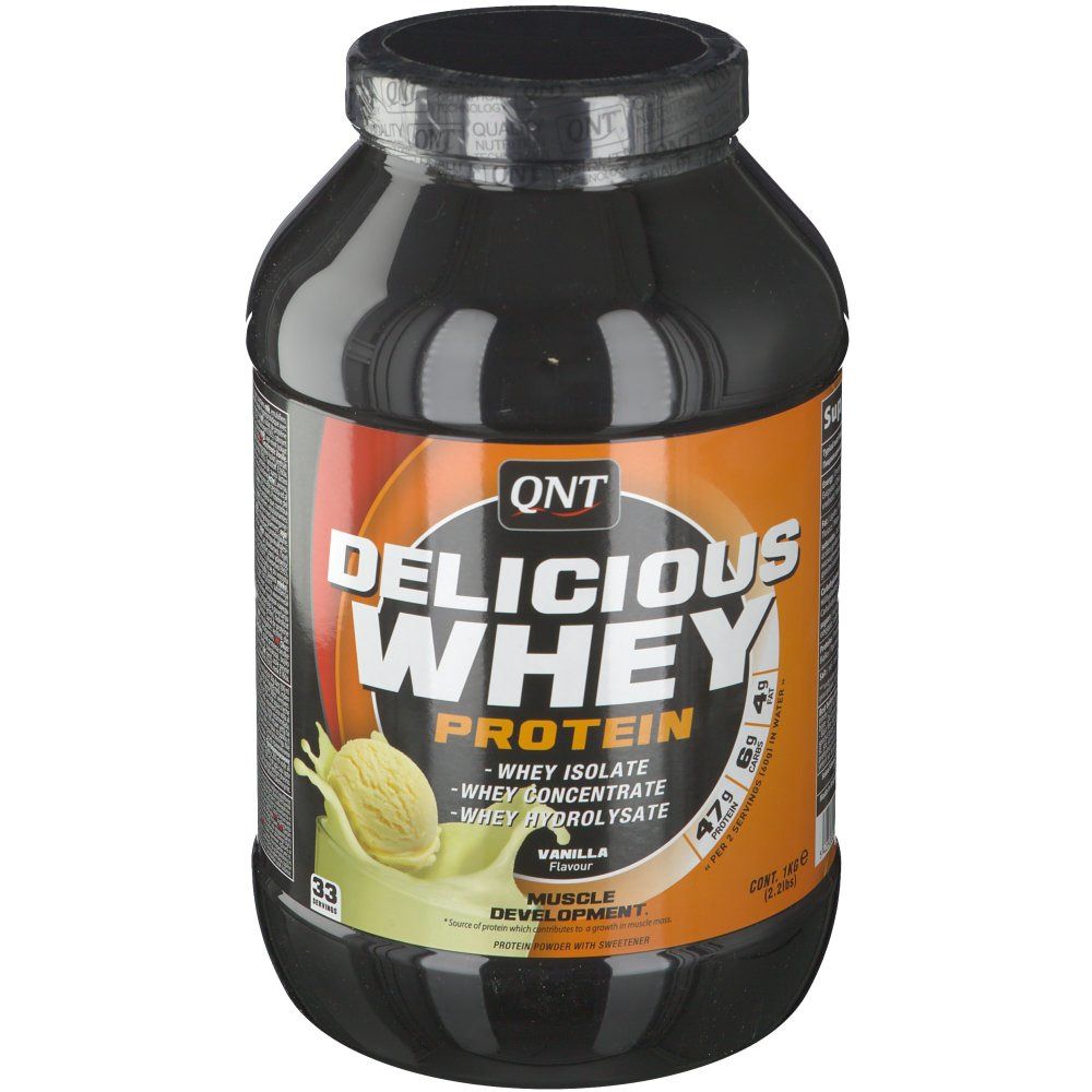 Pot noir QNT Delicious Whey Protein. Inscription: Vanille, isolat de lactosérum, concentré, hydrolysat. Illustration: dessert à la vanille.