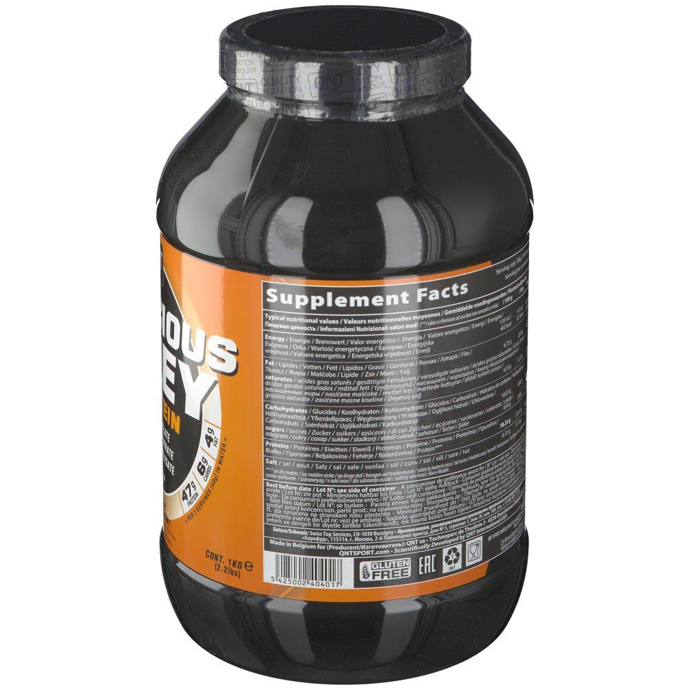 Dos du pot noir QNT Delicious Whey Protein. Inscription: Informations nutritionnelles. Texte multilingue. Couvercle noir.