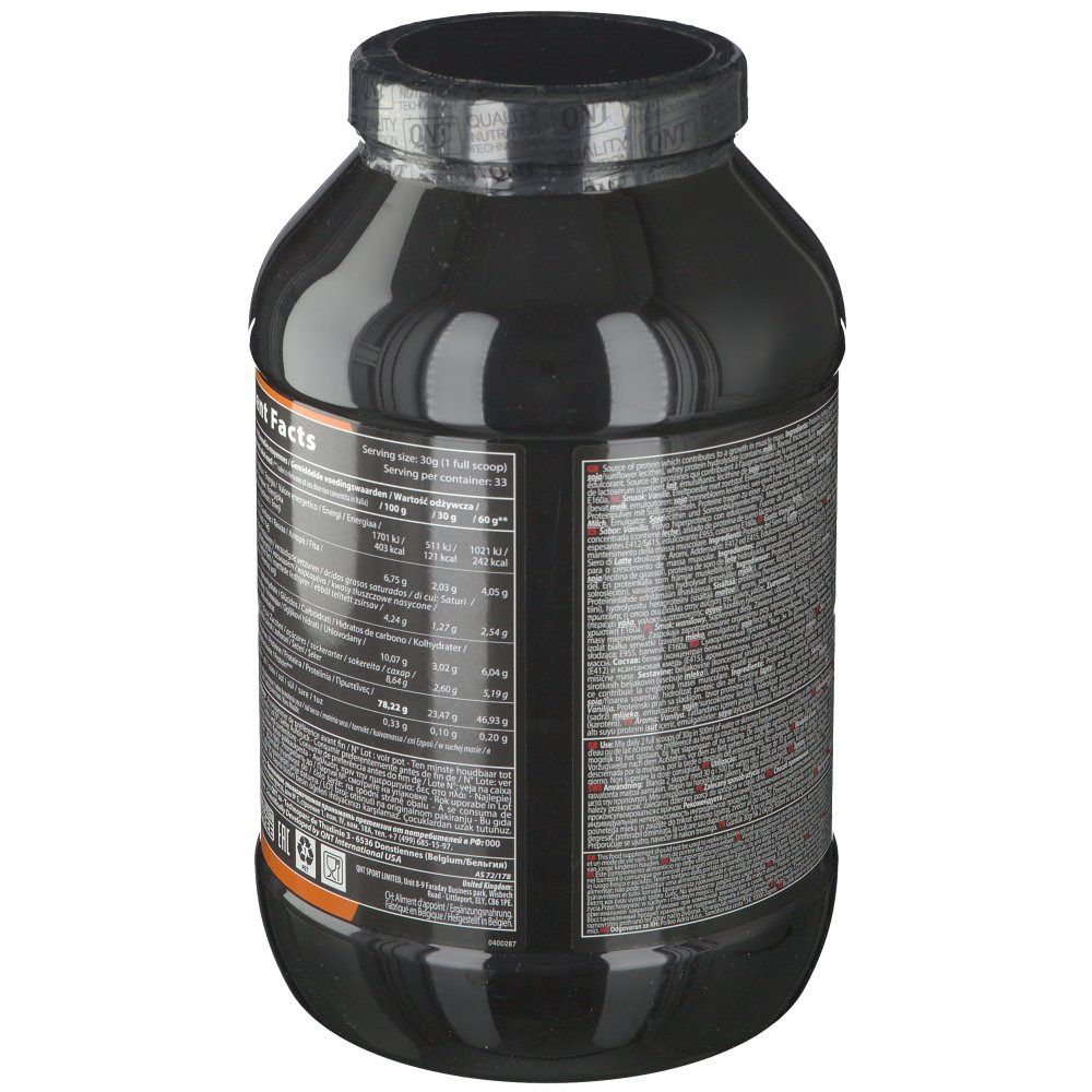 Dos du pot noir QNT Delicious Whey Protein. Informations nutritionnelles. Texte multilingue. Couvercle noir.
