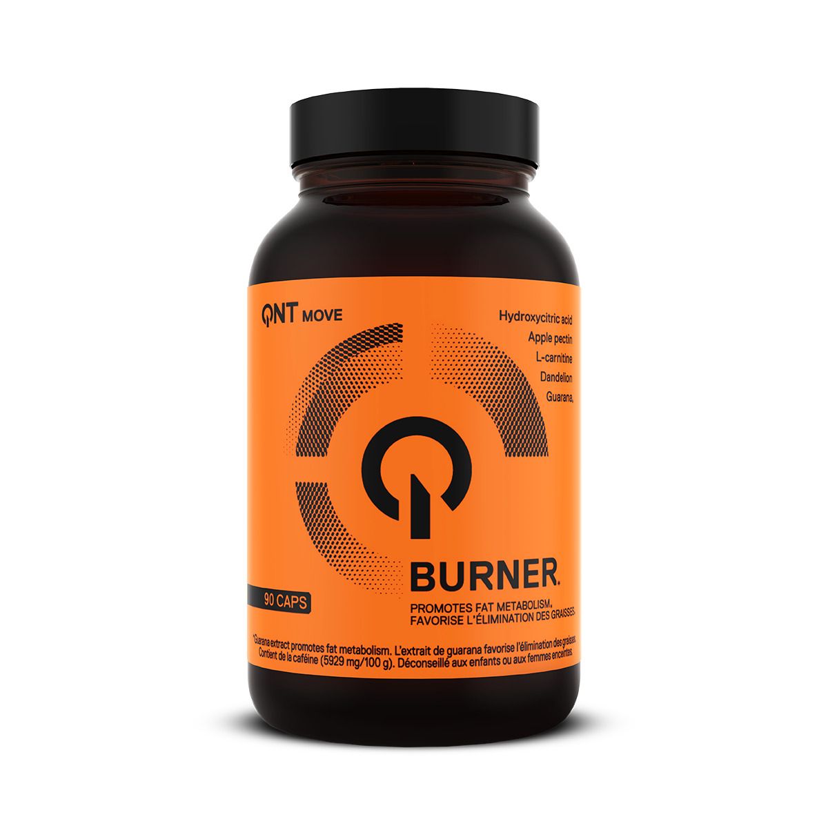 Flacon brun avec bouchon noir. Étiquette avec QNT MOVE BURNER, 90 gélules.