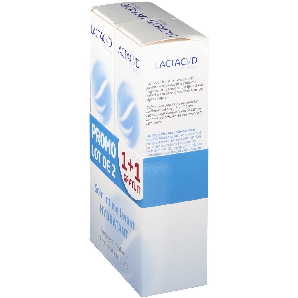 Emballage LACTACYD Pharma. Texte "PROMO LOT DE 2 1+1 GRATUIT" et "Soin Intime lavant HYDRATANT".