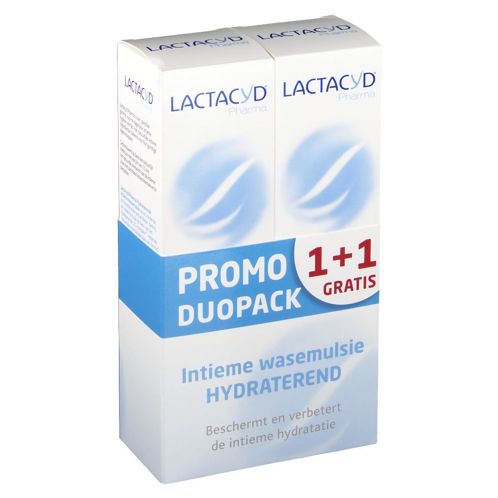 Emballage LACTACYD Pharma Duopack. Texte "PROMO DUOPACK 1+1 GRATIS" et "Intieme wasemulsie HYDRATEREND".