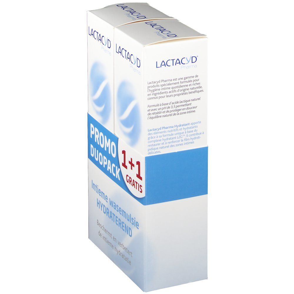 Emballage LACTACYD Pharma Duopack. Texte "PROMO DUOPACK 1+1 GRATIS" et "Intieme wasemulsie HYDRATEREND".