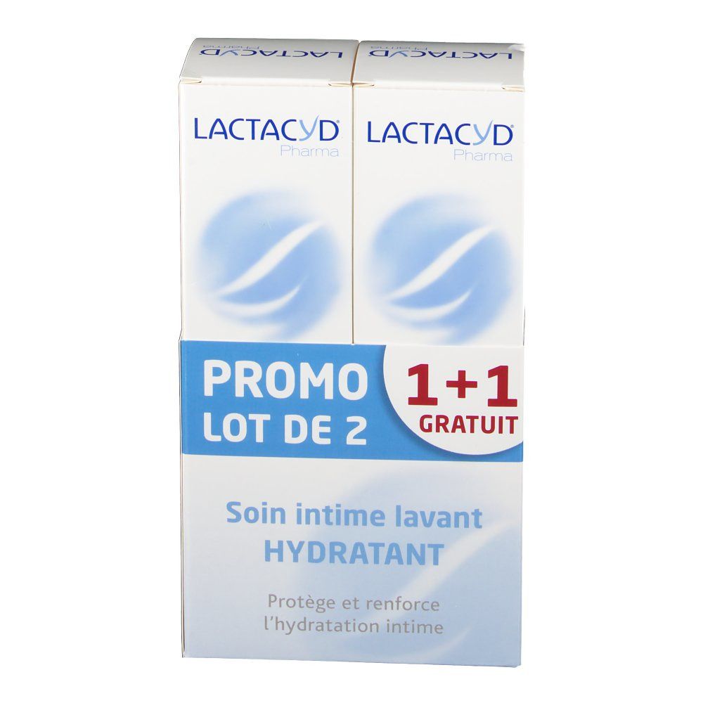 Emballage LACTACYD Pharma. Texte "PROMO LOT DE 2 1+1 GRATUIT" et "Soin Intime lavant HYDRATANT".