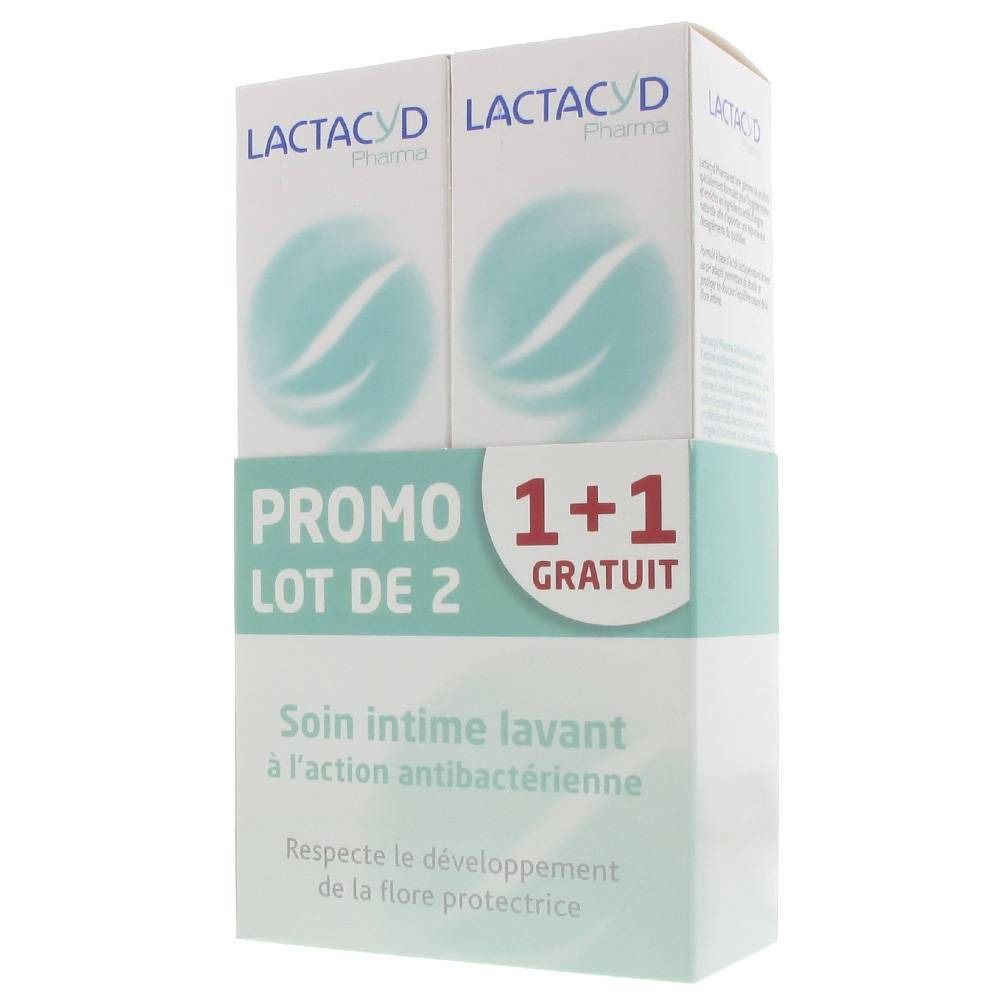 Emballage Lactacyd Pharma avec deux produits. Inscription: Promo Lot de 2, 1+1 gratuit. Texte: Soin intime lavant à l'action antibactérienne.
