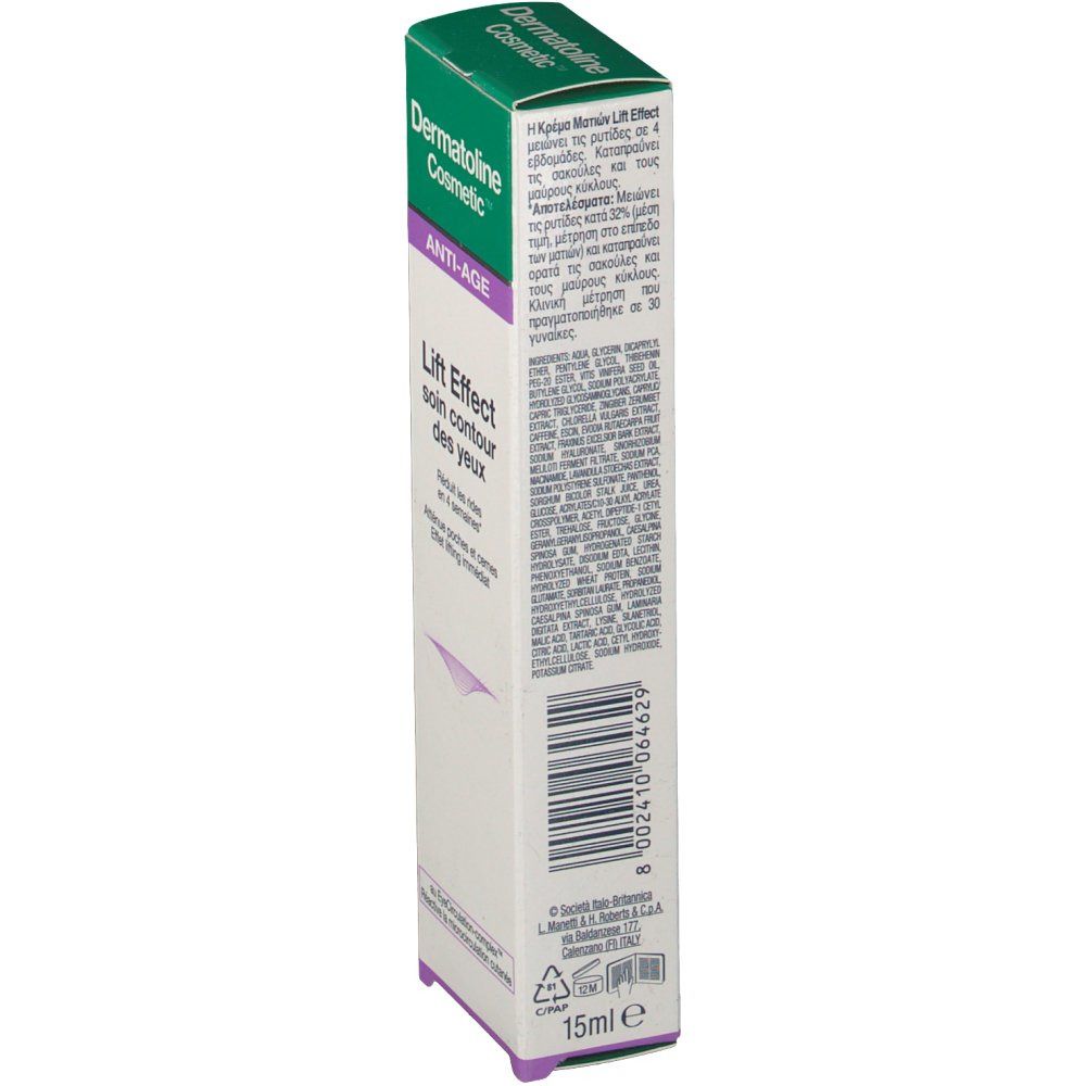 Boîte Dermatoline Cosmetic. Texte: Lift Effect Soin Contour des Yeux. Anti-Âge. 15ml. Boîte verte et blanche avec texte.