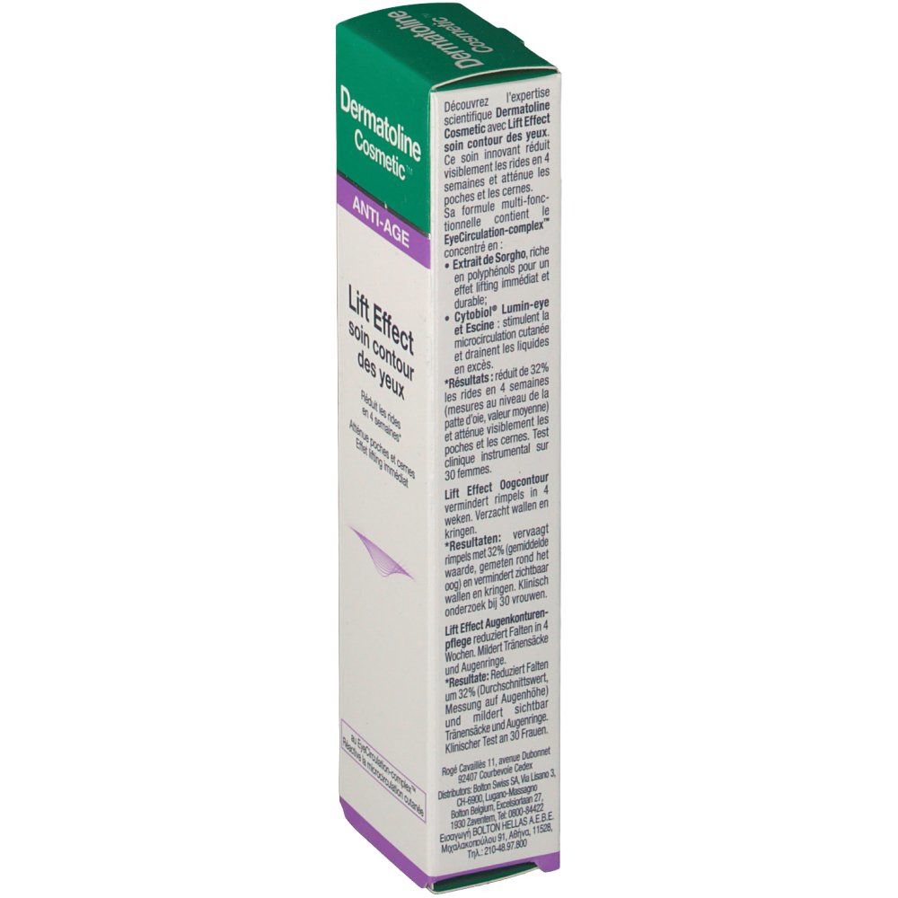 Emballage Dermatoline Cosmetic. Texte: Lift Effect Soin Contour des Yeux. Anti-Âge. Réduit les rides en 4 semaines. Boîte blanche et verte.