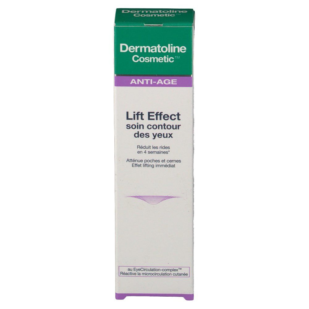 Emballage Dermatoline Cosmetic. Texte: Lift Effect Soin Contour des Yeux. Anti-Âge. Réduit les rides en 4 semaines. Boîte blanche et verte.