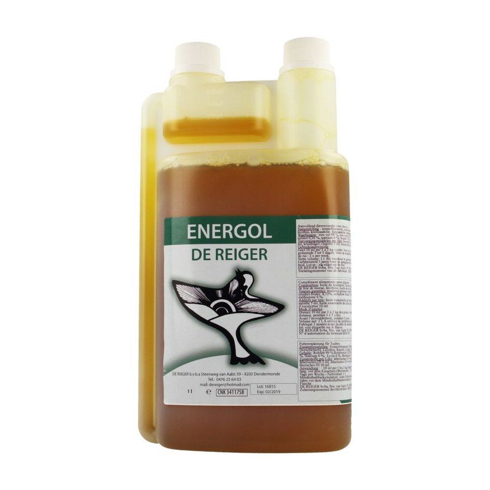 Bouteille de liquide brun. Inscription Energol De Reiger. Étiquette avec logo d'oiseau. Bouchon blanc.