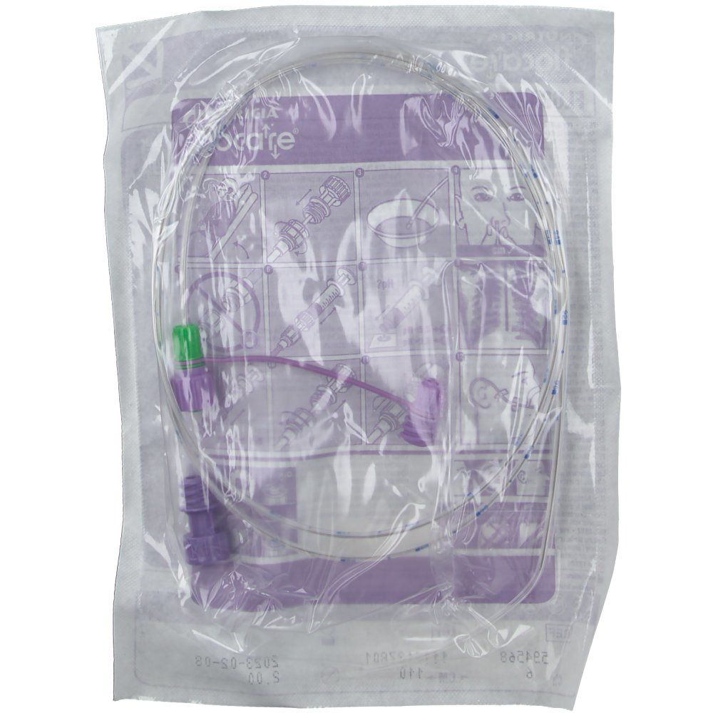 Sonde Flocare® Pur dans un emballage transparent. Tube avec raccords verts et violets. Impression d'informations sur le produit.