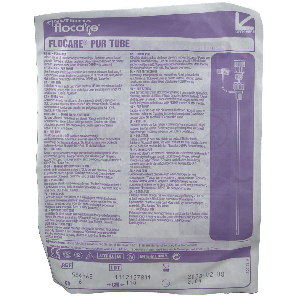 Dos de l'emballage de la sonde Flocare® Pur. Texte en plusieurs langues. Fond violet avec illustration et informations sur le produit.