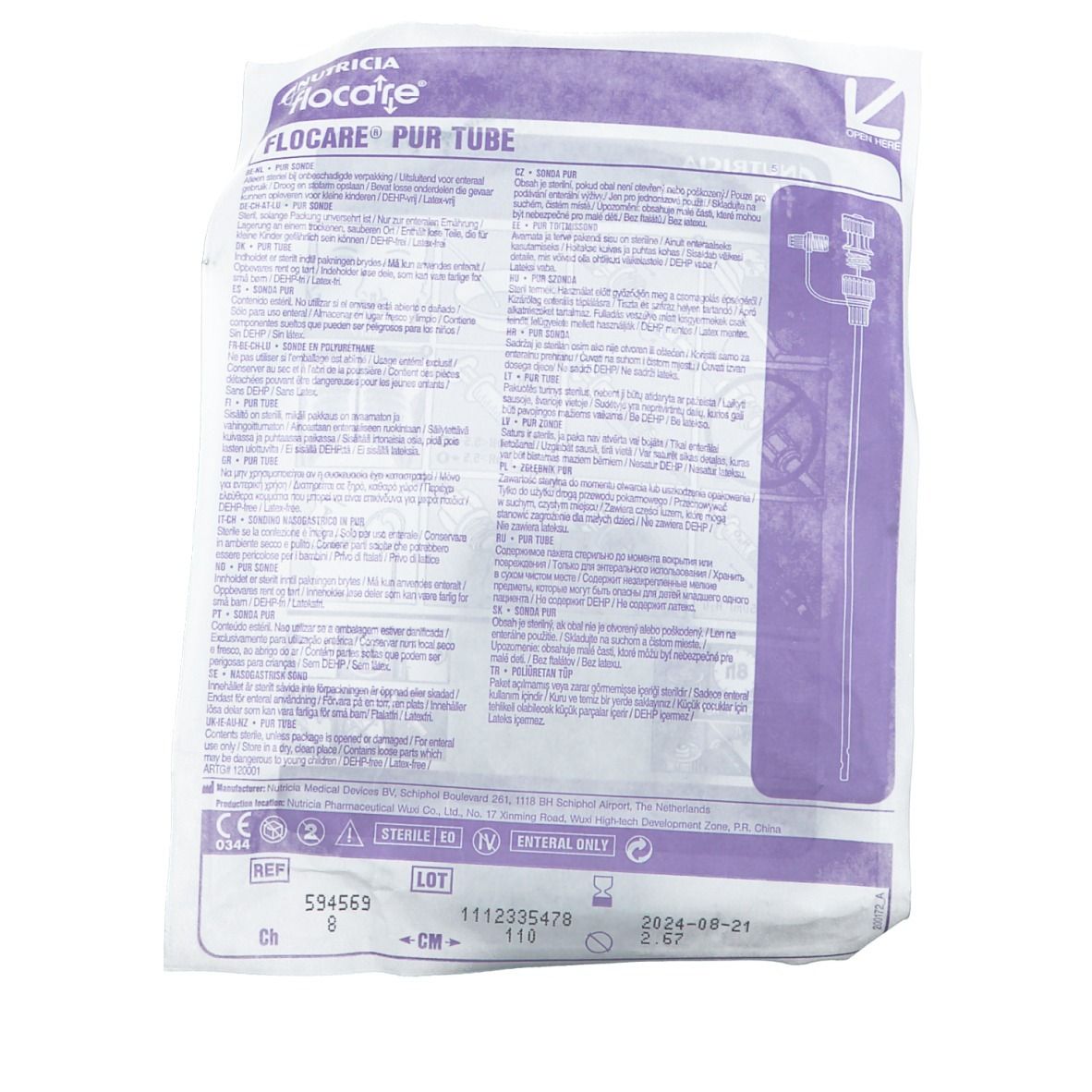 Dos de l'emballage de la sonde Flocare® Pur. Nom du produit, numéro de lot, date d'expiration.