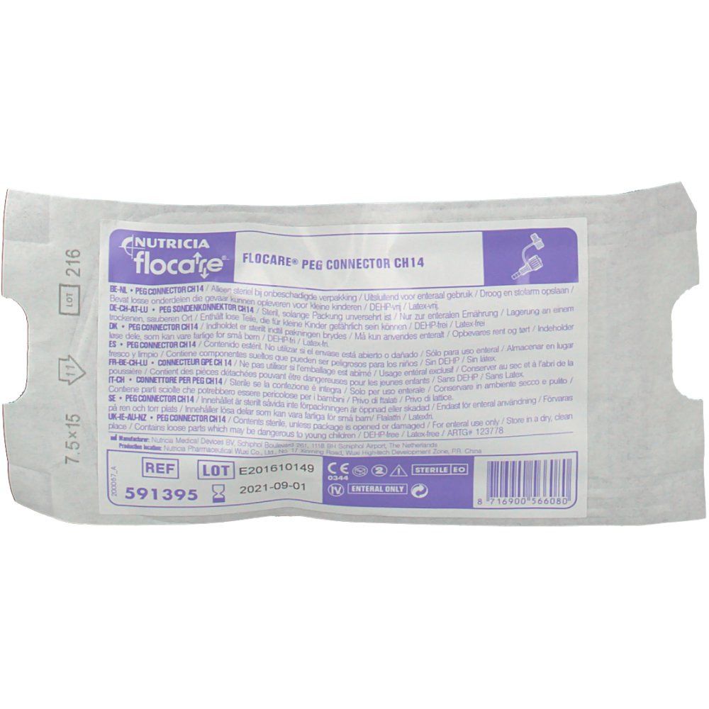 Emballage avec Flocare® PEG Connector CH14. Nom du produit, numéro de lot, date d'expiration et marquage CE.