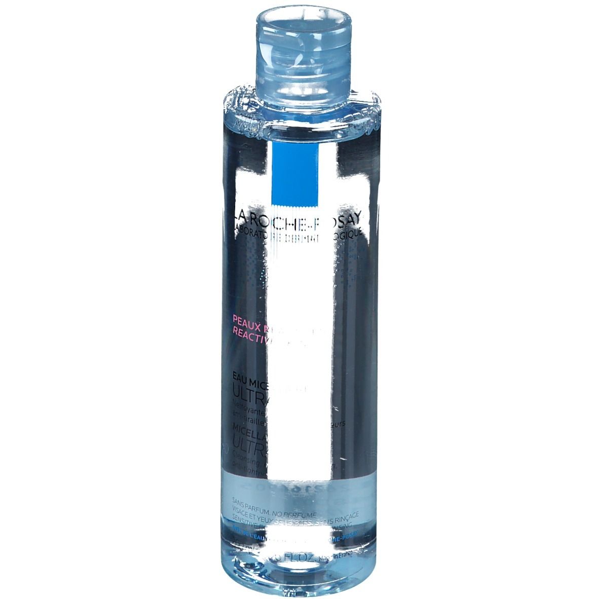 La Roche-Posay Mizellen Reinigungsfluid Reaktiv. Flacon bleu avec bouchon bleu. Vue du produit de dessus.